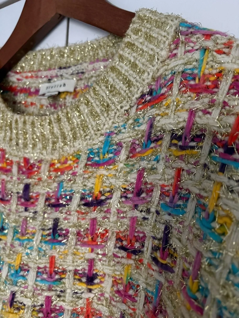 Stellah Multicolor Tweed Crewneck Sweater in Beige Base - Picture 5 of 10